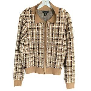 Rachel Zoe Tan Brown White Black Plaid Zip Up Collared Cardigan Sweater size L